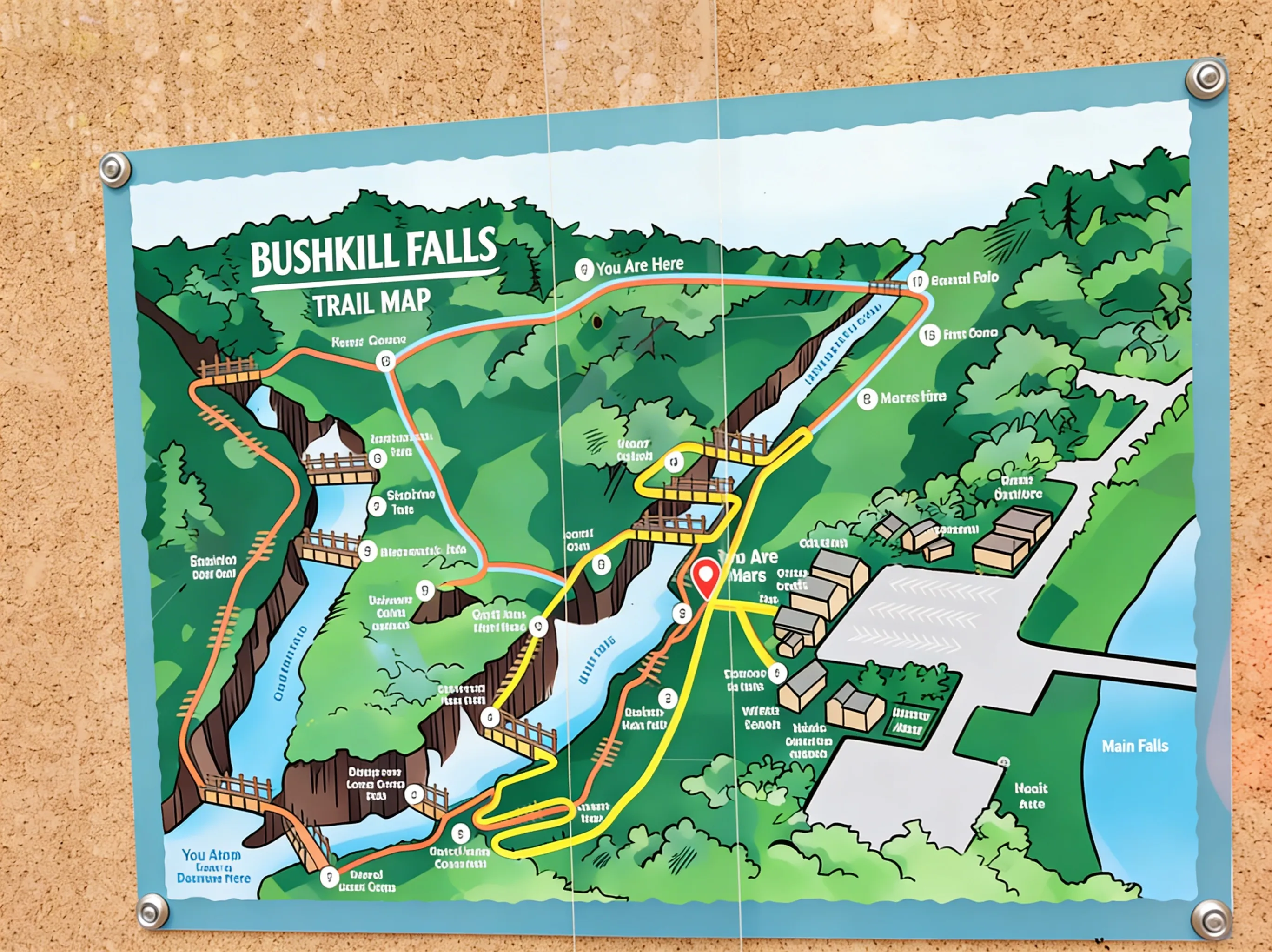 Color-coded trail map showing Green, Yellow, Blue, and Red trails at Bushkill Falls