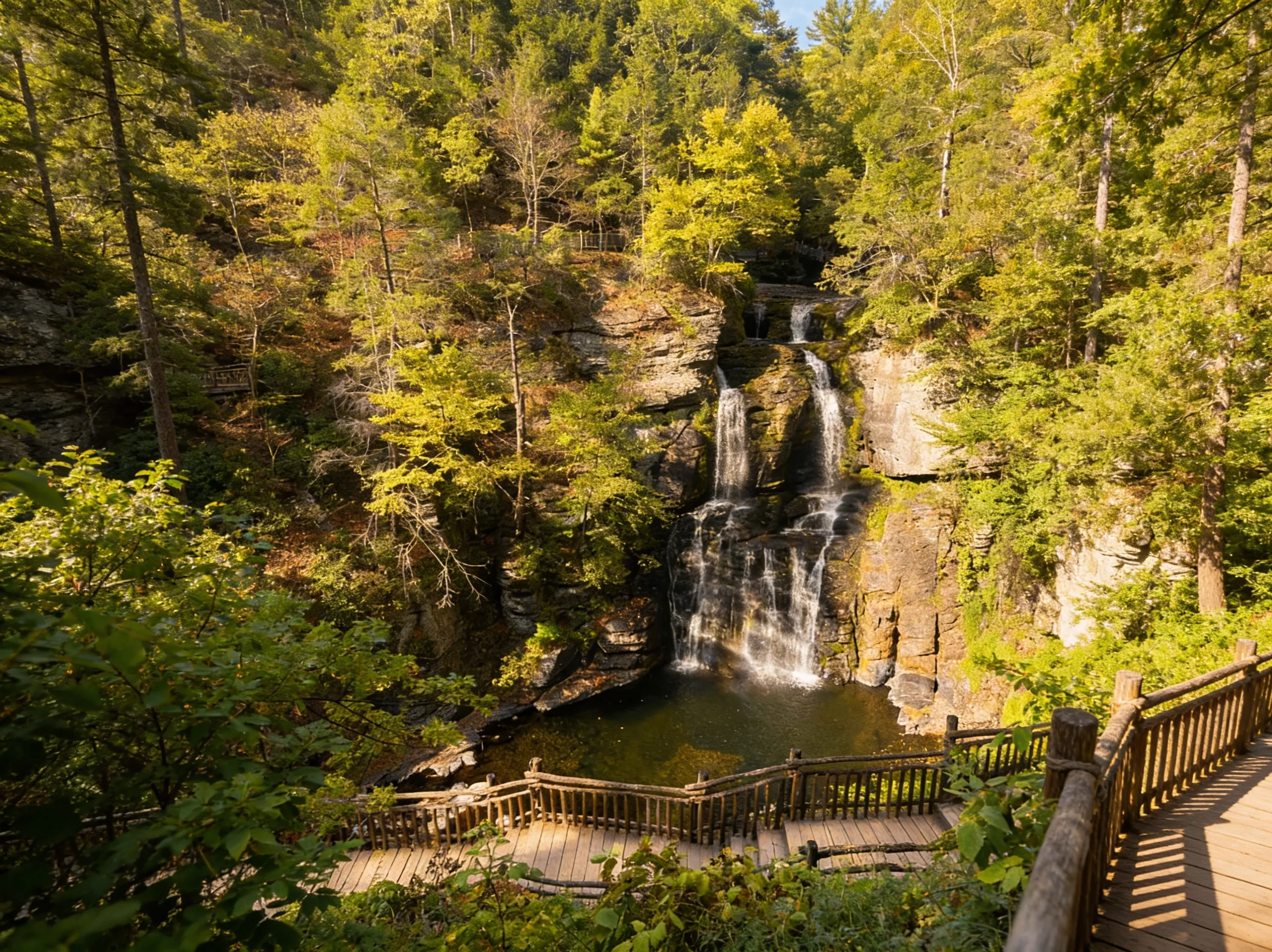 Main Falls at Bushkill Falls cascading 100 feet over sandstone ledge, viewed from upper overlook