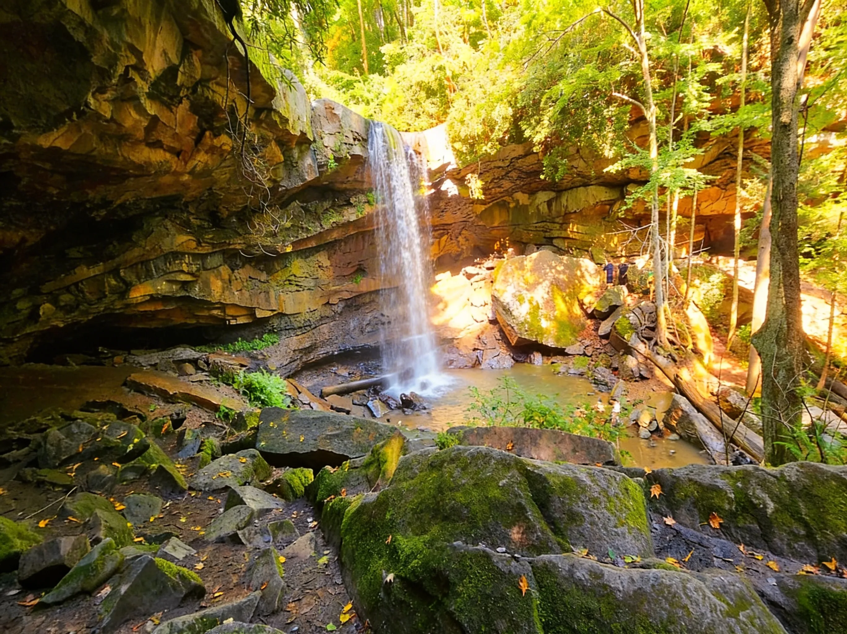 a classic bridal veil-style plunge, dropping 30 feet over a sandstone ledge