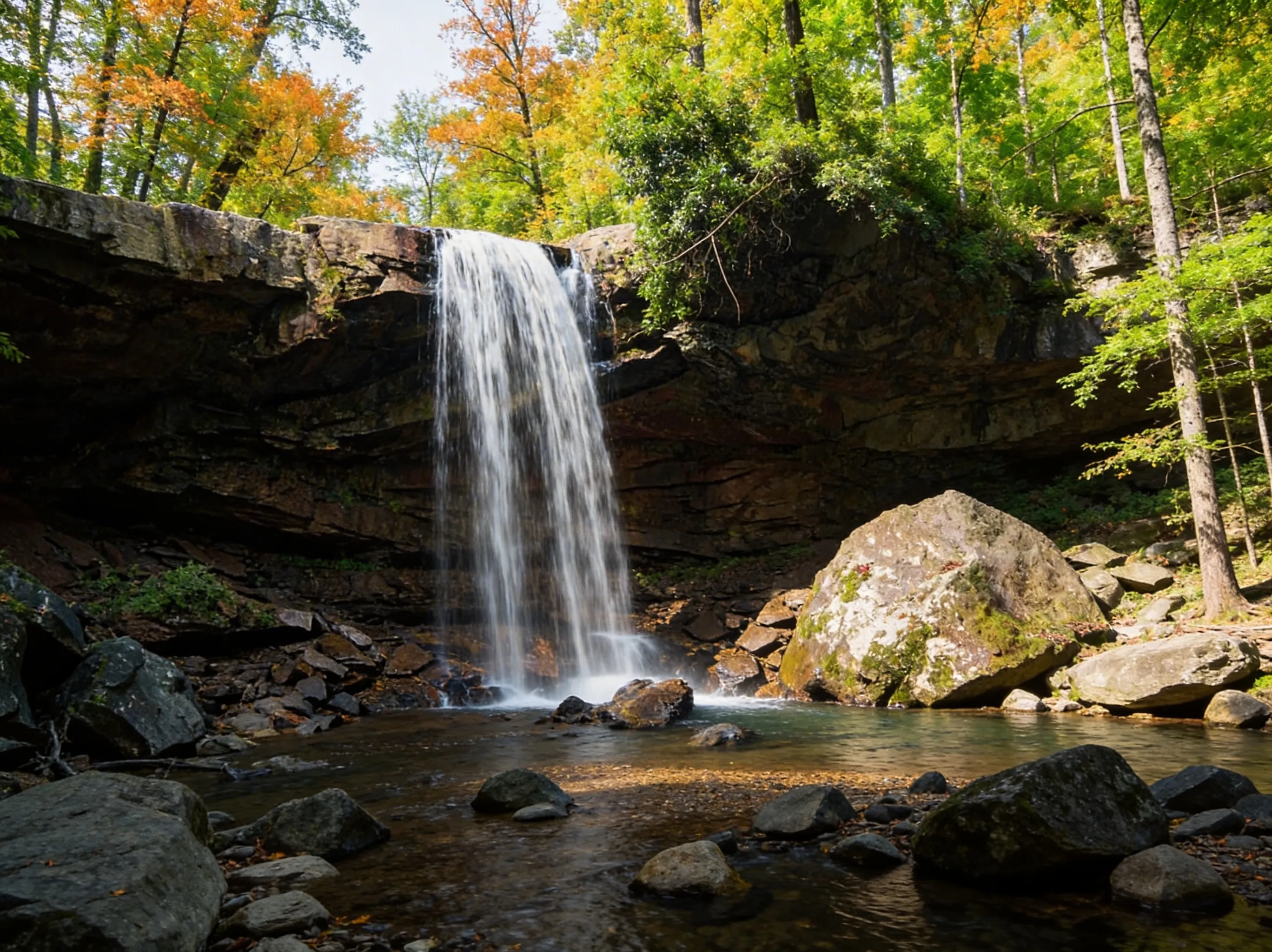 Hikers walking behind the rushing water of Cucumber Falls in Ohiopyle State Park