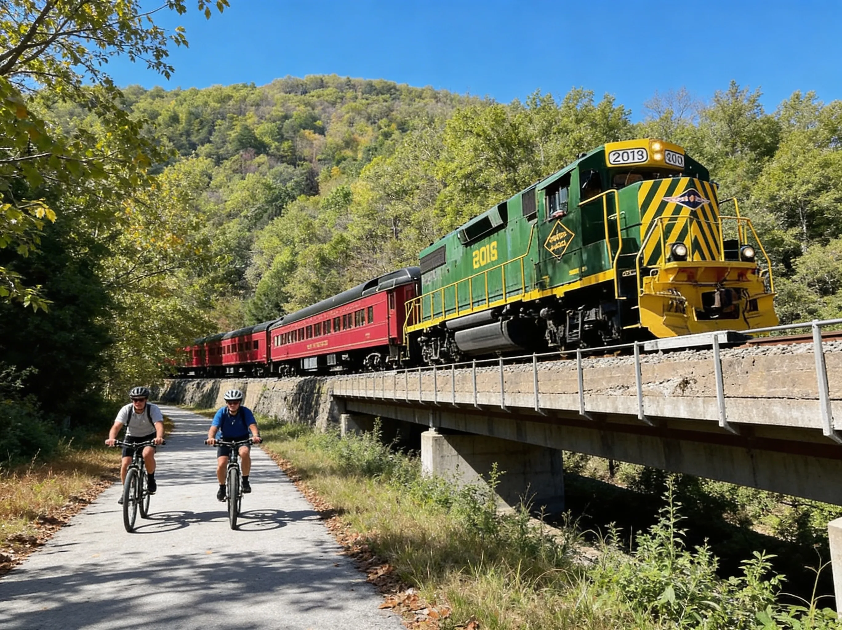 Cyclists riding crushed-stone D&L Trail through Lehigh Gorge with river views