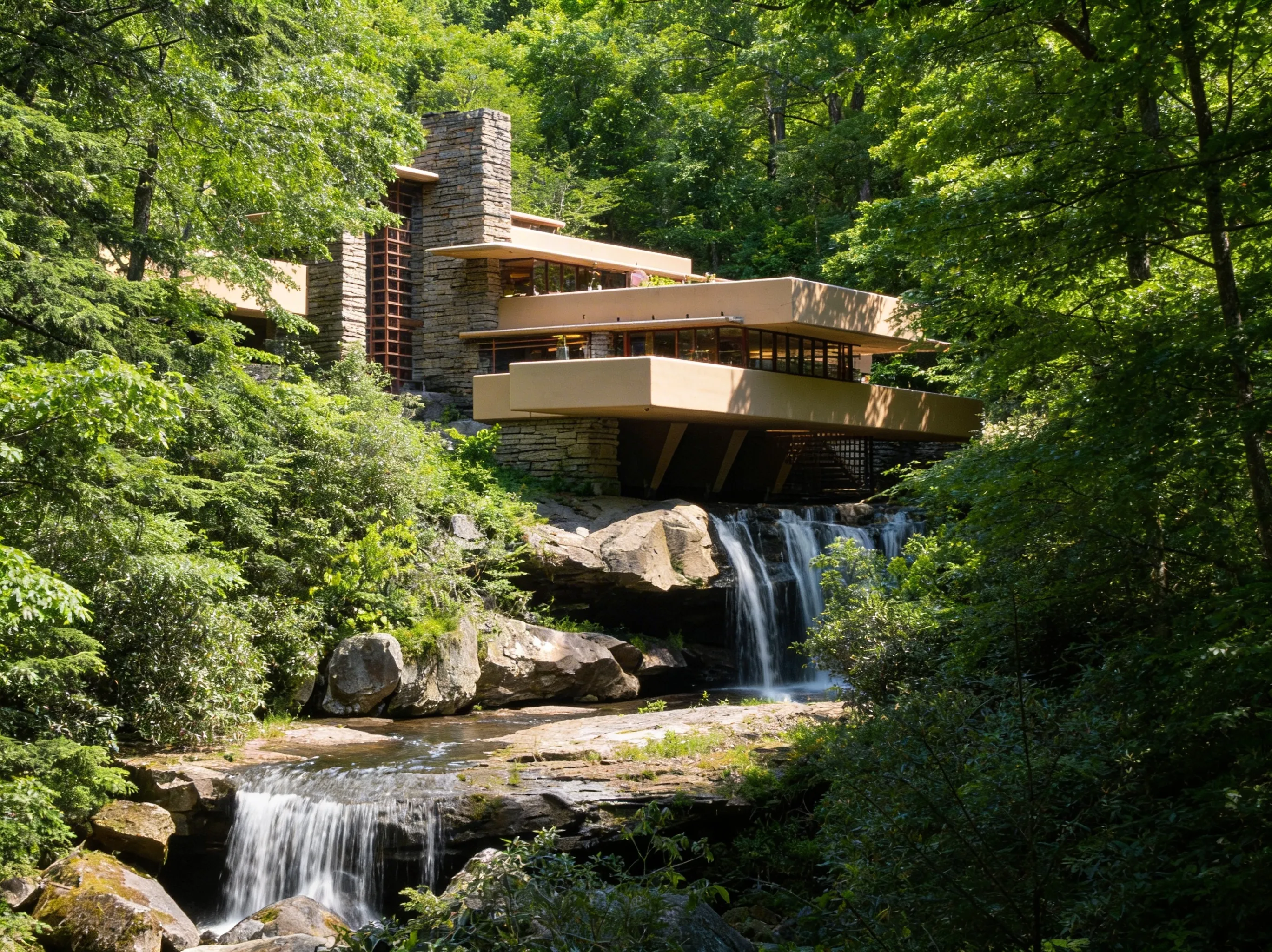 Frank Lloyd Wright's Fallingwater house built over a waterfall in the Laurel Highlands