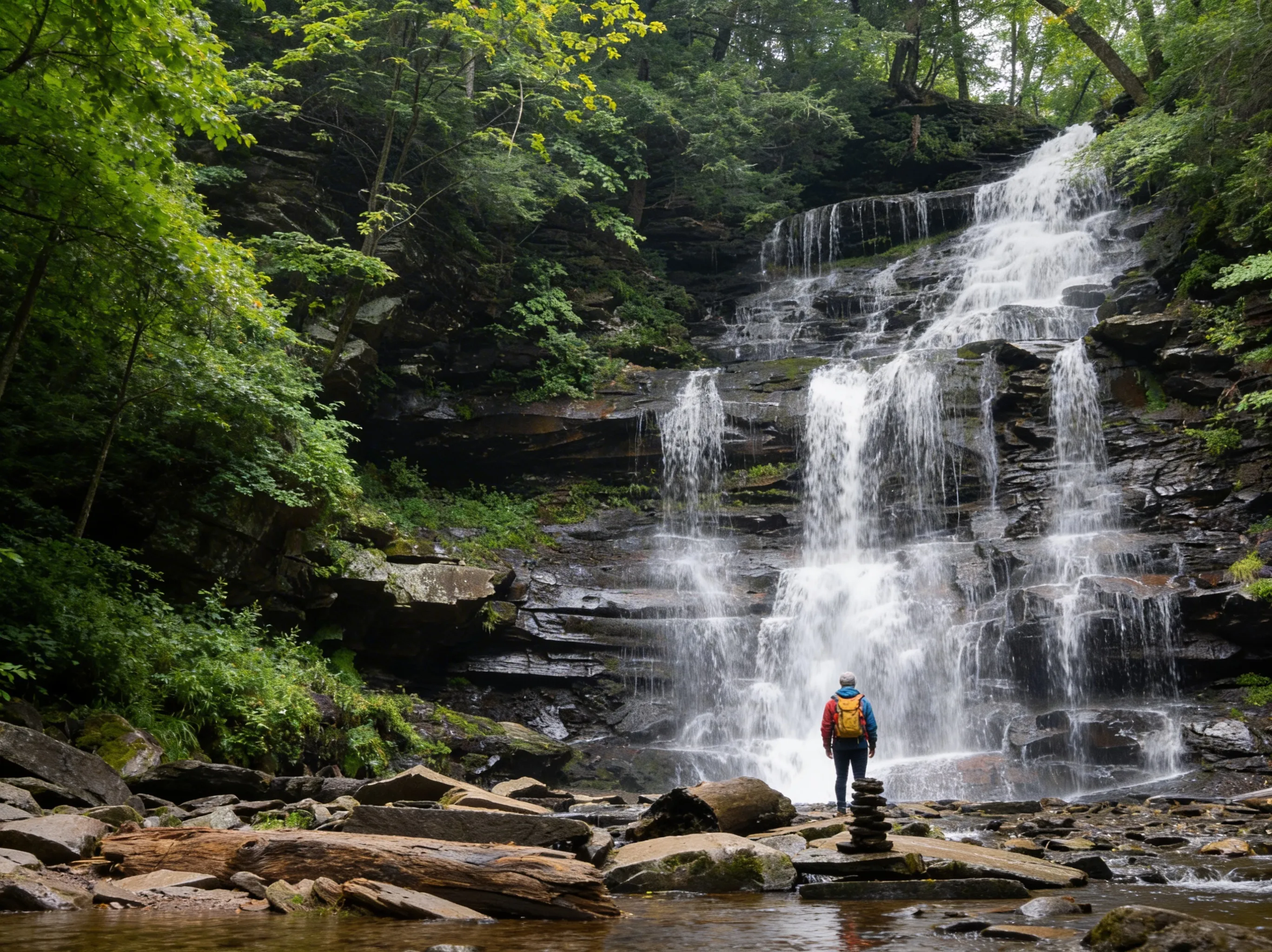 Photographer with tripod capturing long exposure of waterfall at Ricketts Glen