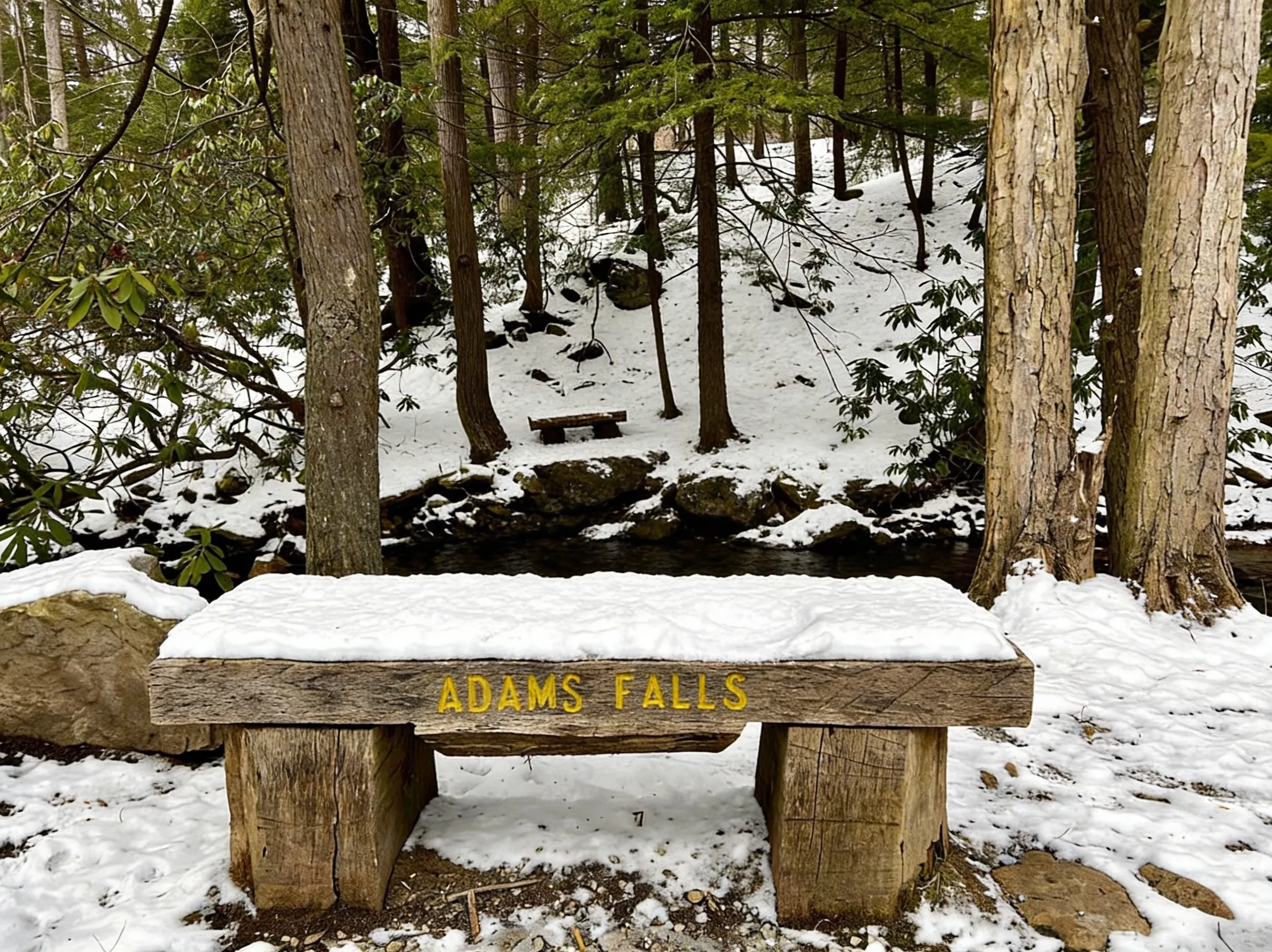 Snow-covered bench near Adams Falls in winter