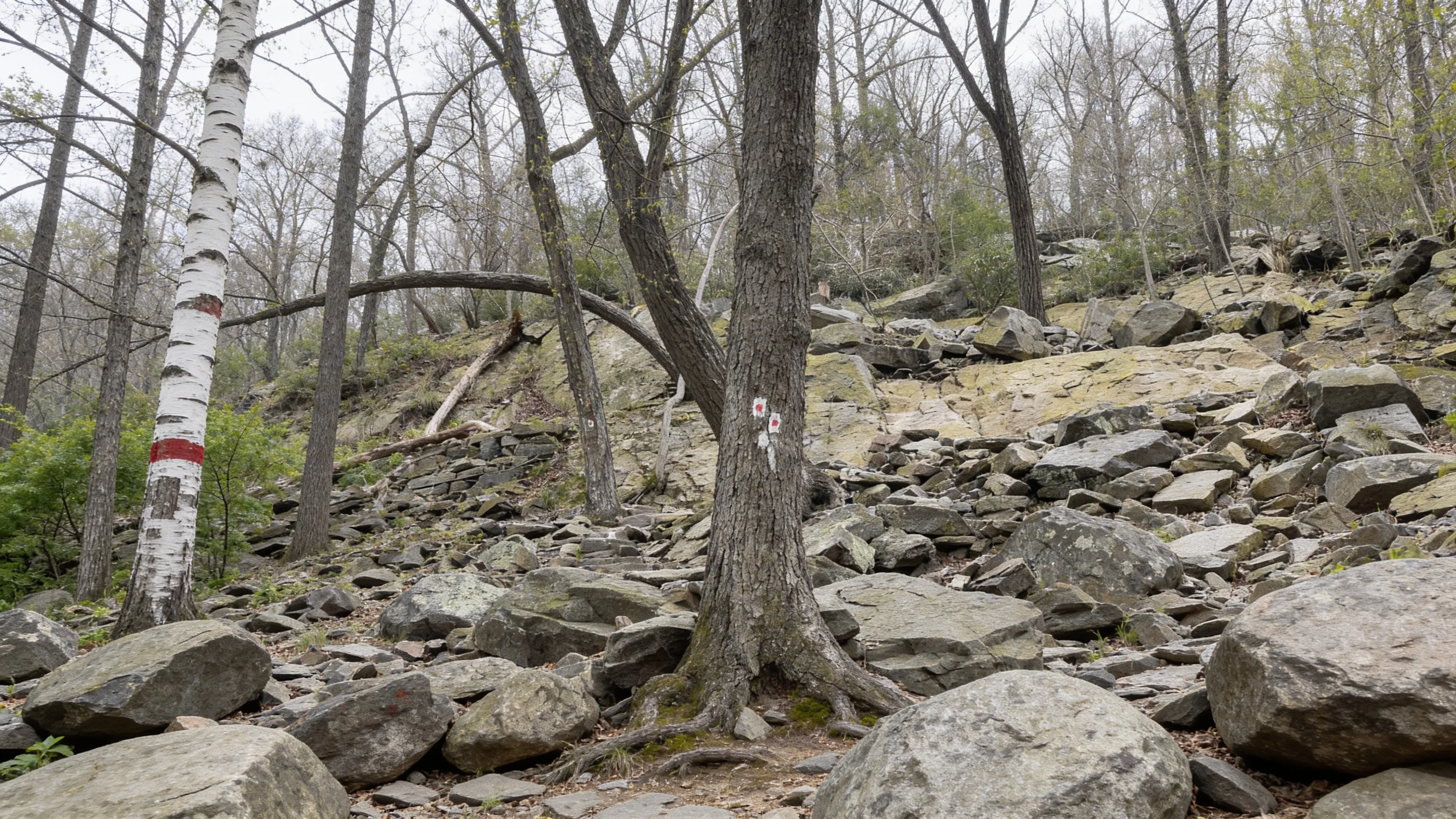 Hikers scrambling up rocky Red Dot Trail on Mount Tammany