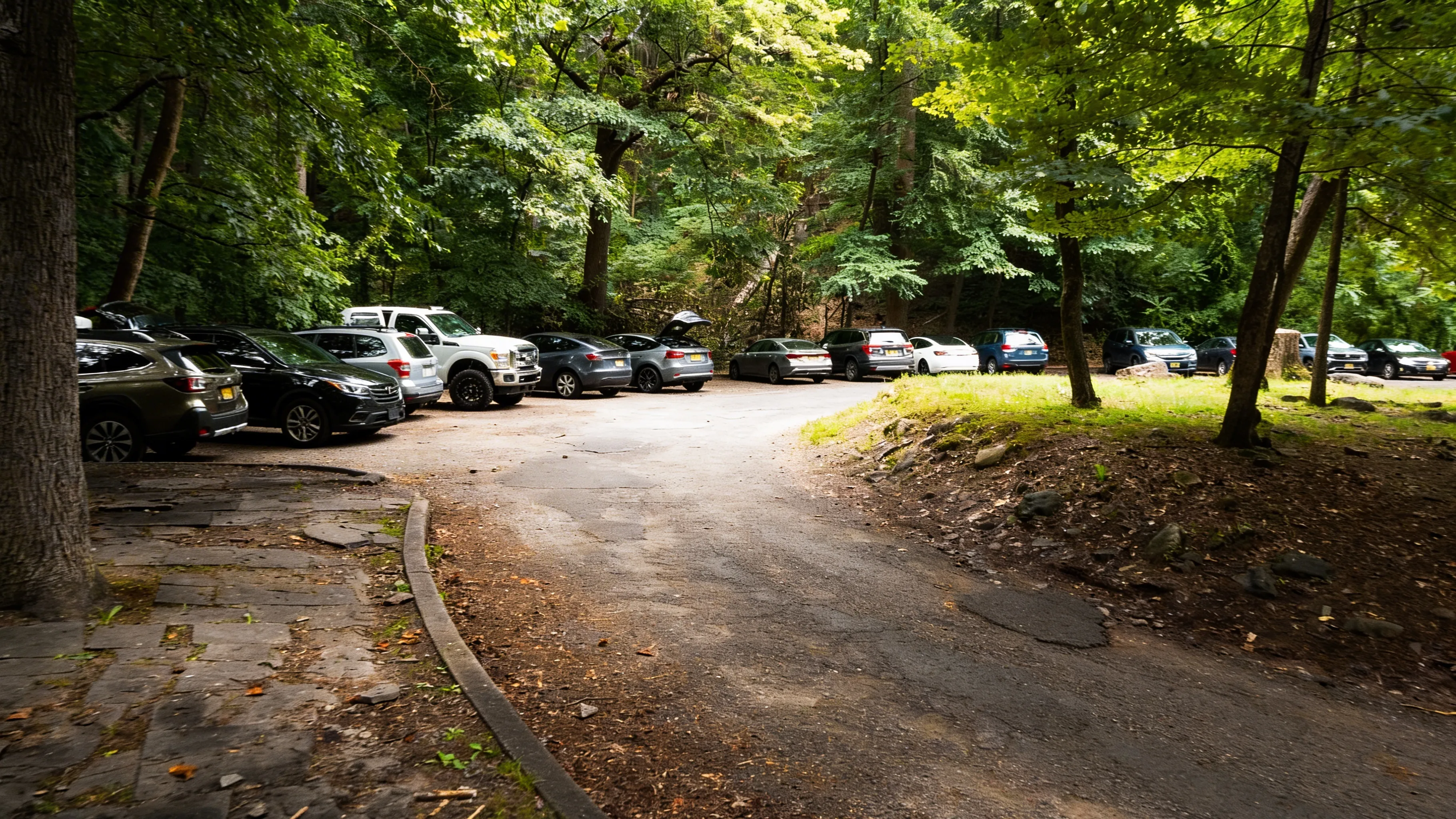 Packed Dunnfield Creek parking lot at Mount Tammany trailhead on weekend morning