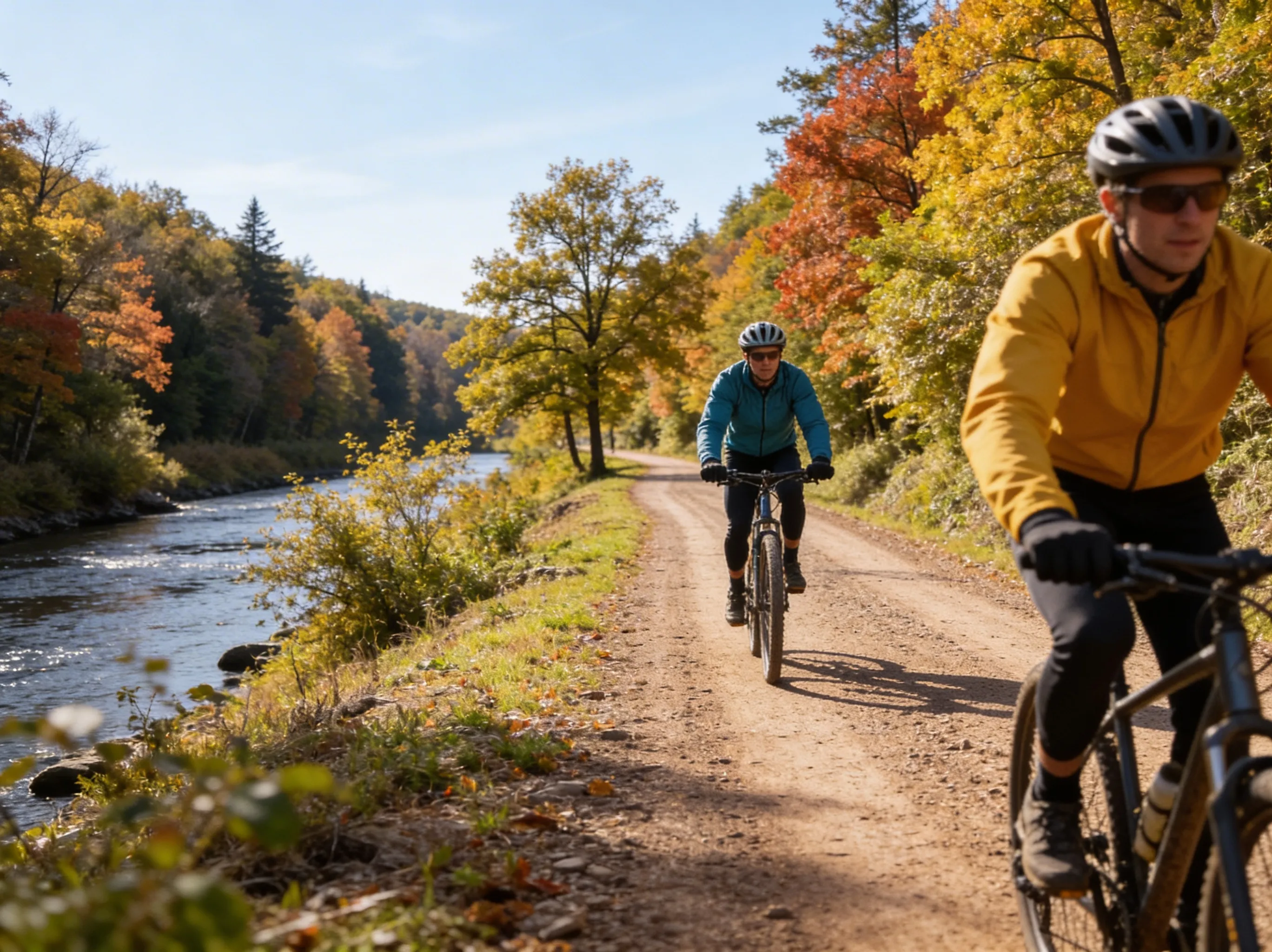 Cyclists riding the flat Pine Creek Rail Trail through the gorge