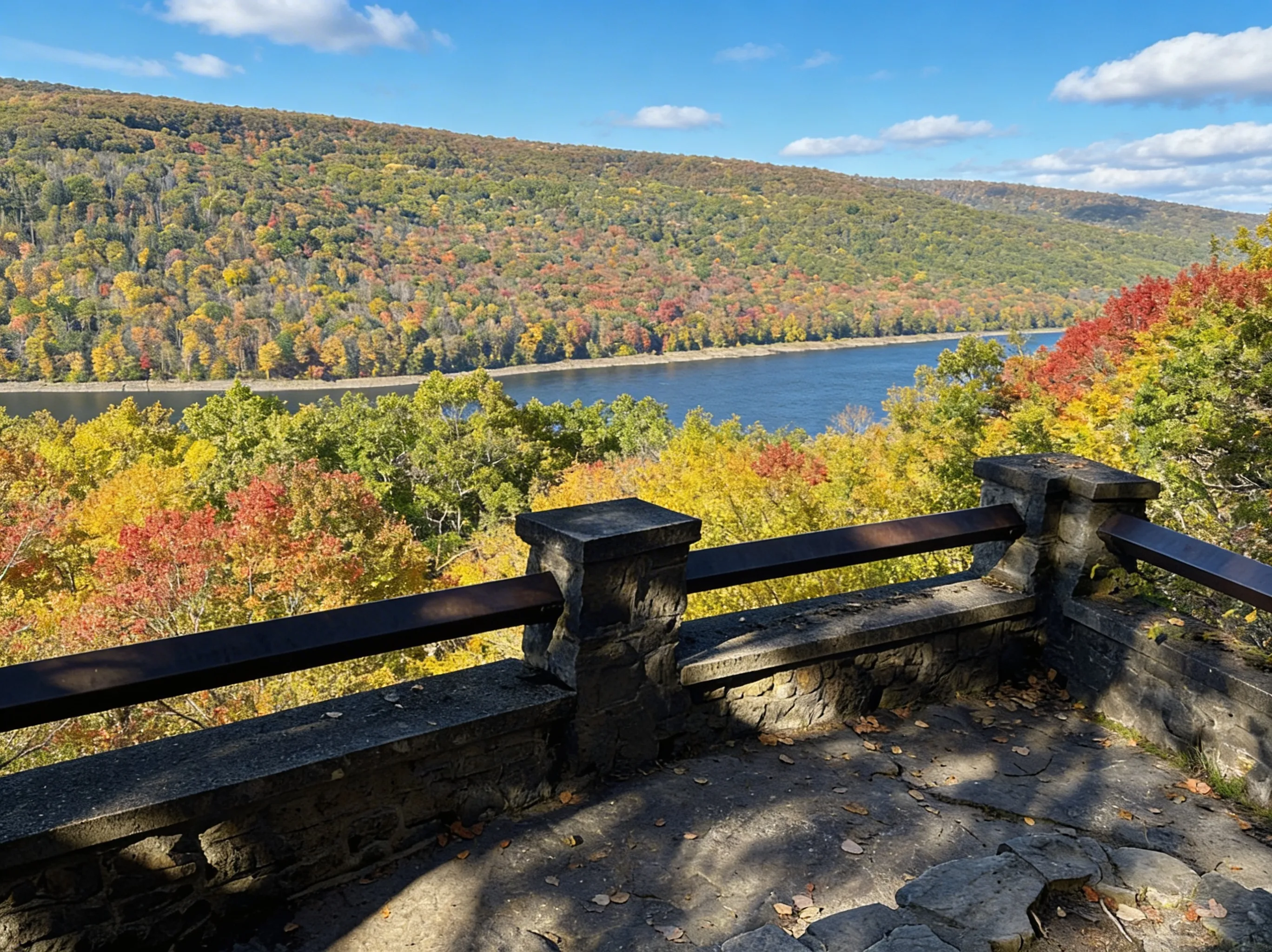 Wide shot of Allegheny Reservoir from Rimrock Overlook at sunset