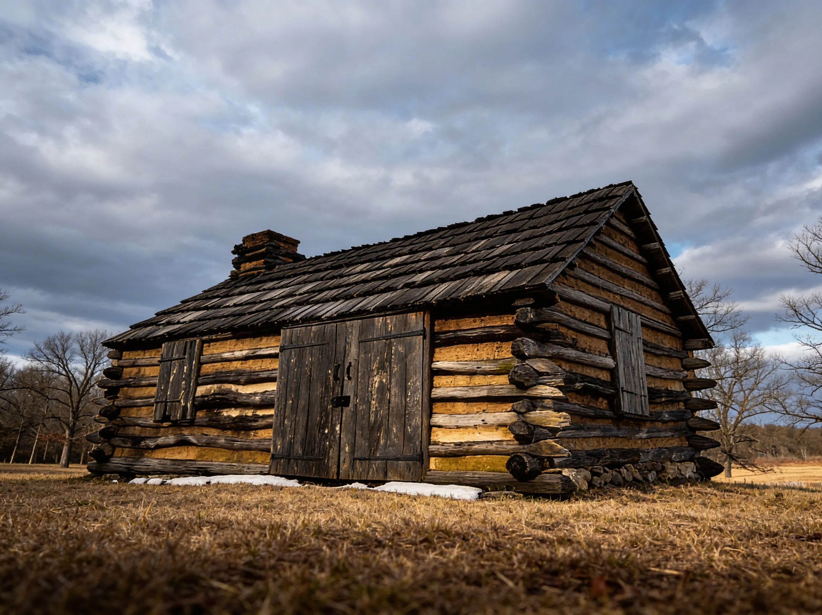 Reconstructed log cabins of Muhlenberg's Brigade at Valley Forge showcasing Continental Army soldier living quarters