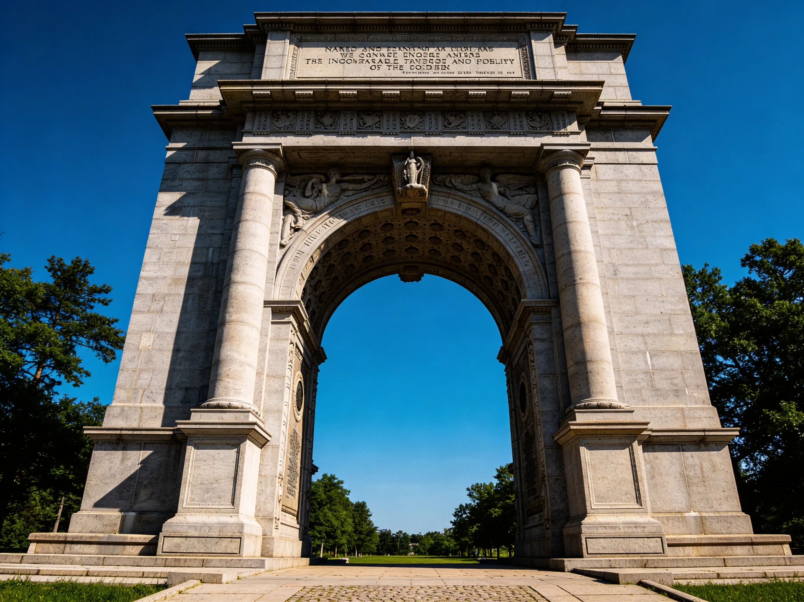 Monumental stone National Memorial Arch dedicated to Continental Army soldiers at Valley Forge National Historical Park